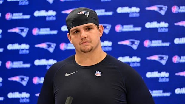 May 9, 2025; Foxborough, MA, USA; New England Patriots offensive tackle Will Campbell (66) speaks to the media after rookie c
