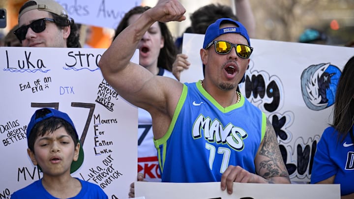 Dallas Mavericks fans protest the Nico Harrison trade of former Mavericks point guard Luka Doncic to the Los Angeles Lakers. Dallas Mavericks fans protest the Nico Harrison trade of former Mavericks point guard Luka Doncic to the Los Angeles Lakers.