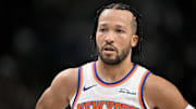 Nov 19, 2025; Dallas, Texas, USA; New York Knicks guard Jalen Brunson (11) looks on during the second quarter against the Dallas Mavericks at the American Airlines Center. Mandatory Credit: Jerome Miron-Imagn Images