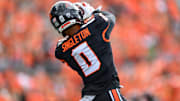 Sep 14, 2024; Corvallis, Oregon, USA; Oregon State Beavers defensive back Kobe Singleton (0) warms up prior to the game against the Oregon Ducks at Reser Stadium. Mandatory Credit: Craig Strobeck-Imagn Images