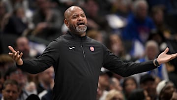Mar 21, 2025; Dallas, Texas, USA; Detroit Pistons head coach J.B. Bickerstaff yells to the referees during the first half against the Dallas Mavericks at the American Airlines Center. Mandatory Credit: Jerome Miron-Imagn Images