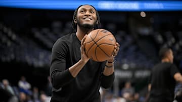 Apr 11, 2025; Dallas, Texas, USA; Toronto Raptors guard Immanuel Quickley (5) warms up before the game against the Dallas Mavericks at the American Airlines Center. Mandatory Credit: Jerome Miron-Imagn Images
