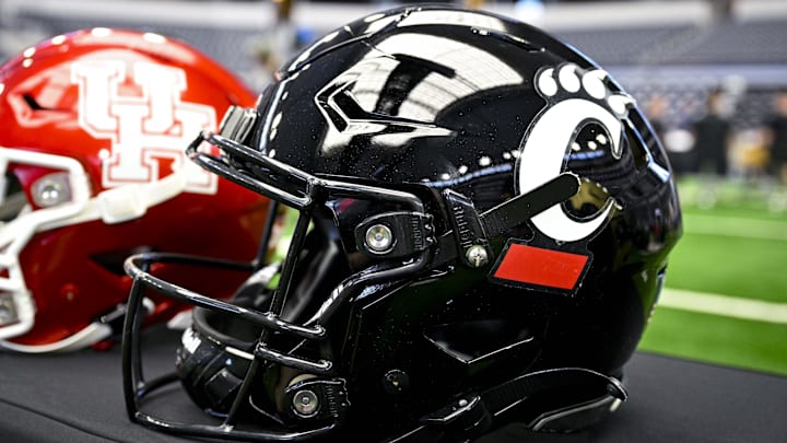 Jul 12, 2023; Arlington, TX, USA; A view of the Cincinnati Bearcats helmet and logo during Big 12 football media day at AT&T Stadium. Mandatory Credit: Jerome Miron-Imagn Images