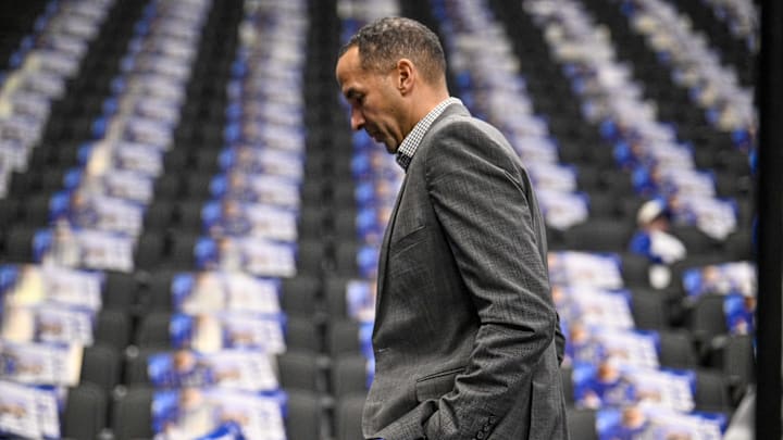 Dallas Mavericks general manager Nico Harrison walks off the court before the game between the Dallas and the Sacramento Kings. Dallas Mavericks general manager Nico Harrison walks off the court before the game between the Dallas and the Sacramento Kings.