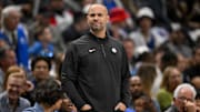 Mar 31, 2025; Dallas, Texas, USA; Brooklyn Nets head coach Jordi Fernandez looks on during the first quarter against the Dallas Mavericks at the American Airlines Center. Mandatory Credit: Jerome Miron-Imagn Images