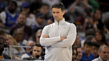 Oct 6, 2025; Fort Worth, Texas, USA; Oklahoma City Thunder Head Coach Mark Daigneault looks on during the first quarter against the Dallas Mavericks at Dickie's Arena. Mandatory Credit: Jerome Miron-Imagn Images