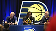 Jan 30, 2023; Indianapolis, IN, USA;  Indiana Pacers head coach Rick Carlisle, left, center Myles Turner, middle, and president of basketball operations Kevin Pritchard, right, share a laugh during an Indiana Pacers press conference at Gainsbridge Fieldhouse.  Mandatory Credit: Marc Lebryk-Imagn Images