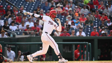 Jul 8, 2024; Washington, District of Columbia, USA; Washington Nationals left fielder Jesse Winker (6) watches the ball after hitting it into play against the St. Louis Cardinals during the fourth inning at Nationals Park. Mandatory Credit: Rafael Suanes-USA TODAY Sports
