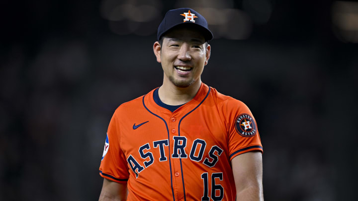 Houston Astros starting pitcher Yusei Kikuchi (16) comes off the field after he pitches against the Texas Rangers during the fifth inning at Globe Life Field on Aug 7.