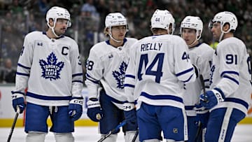Dec 18, 2024; Dallas, Texas, USA; Toronto Maple Leafs center John Tavares (91) and right wing William Nylander (88) and defenseman Morgan Rielly (44) and center Auston Matthews (34) and right wing Mitch Marner (16) prepare to go on the power play against the Dallas Stars during the first period at the American Airlines Center. Mandatory Credit: Jerome Miron-Imagn Images