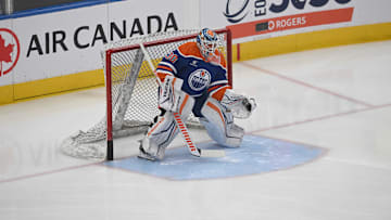 Apr 14, 2025; Edmonton, Alberta, CAN; Edmonton Oilers goalie Calvin Pickard (30) is seen out on the ice during the pre game warm up as the Los Angeles Kings take on the Edmonton Oilers before the first period at Rogers Place. Mandatory Credit: Walter Tychnowicz-Imagn Images