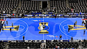 Nov 19, 2024; Dallas, Texas, USA; A general view of the NBA Cup tournament themed court floor before the game between the Dallas Mavericks and the New Orleans Pelicans at the American Airlines Center. Mandatory Credit: Jerome Miron-Imagn Images