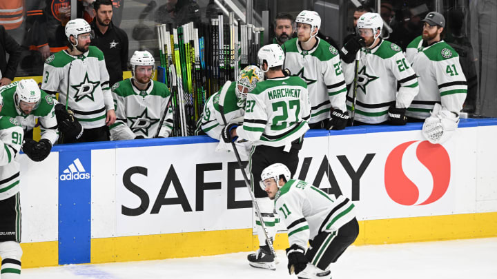 Jun 2, 2024; Edmonton, Alberta, CAN; Dallas Stars players are seen on the players bench during the third period in game six of the Western Conference Final of the 2024 Stanley Cup Playoffs at Rogers Place. Mandatory Credit: Walter Tychnowicz-USA TODAY Sports