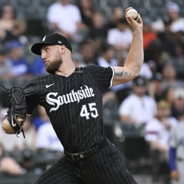 Jun 24, 2024; Chicago, Illinois, USA;  Chicago White Sox pitcher Garrett Crochet (45) delivers against the Los Angeles Dodgers during the first inning at Guaranteed Rate Field.
