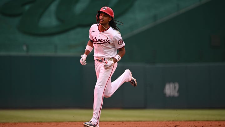 Aug 6, 2024; Washington, District of Columbia, USA; Washington Nationals shortstop CJ Abrams (5) jogs around the bases after hitting a three run home run against the San Francisco Giants during the second inning at Nationals Park.