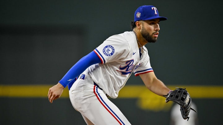 Jul 6, 2024; Arlington, Texas, USA; Texas Rangers third baseman Jonathan Ornelas (21) looks for the ball during the fourth inning against the Tampa Bay Rays at Globe Life Field.