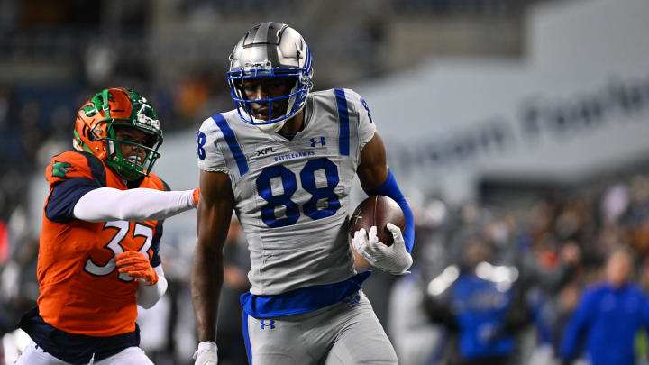 Feb 23, 2023; Seattle, WA, USA; St. Louis Battlehawks wide receiver Hakeem Butler (88) scores a touchdown while being pushed by St. Louis Battlehawks linebacker Tre Watson (33) during the second half at Lumen Field. St. Louis defeated Seattle 20-18. Mandatory Credit: Steven Bisig-USA TODAY Sports