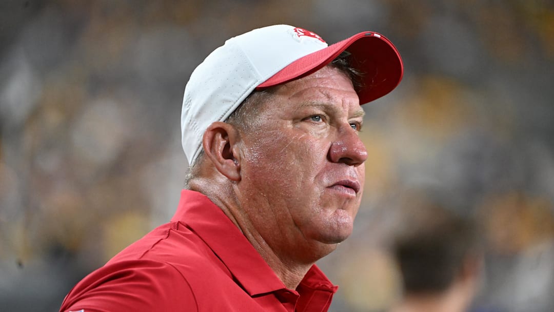 Aug 16, 2025; Pittsburgh, Pennsylvania, USA; Tampa Bay Buccaneers General Manager Jason Licht watches the action against the Pittsburgh Steelers during the second half at Acrisure Stadium. Mandatory Credit: Barry Reeger-Imagn Images