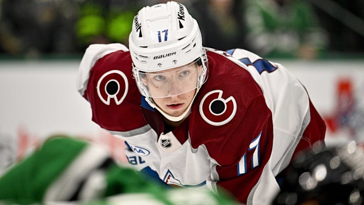 Apr 4, 2026; Dallas, Texas, USA; Colorado Avalanche center Parker Kelly (17) looks on during the third period against the Dallas Stars at the American Airlines Center. Mandatory Credit: Jerome Miron-Imagn Images