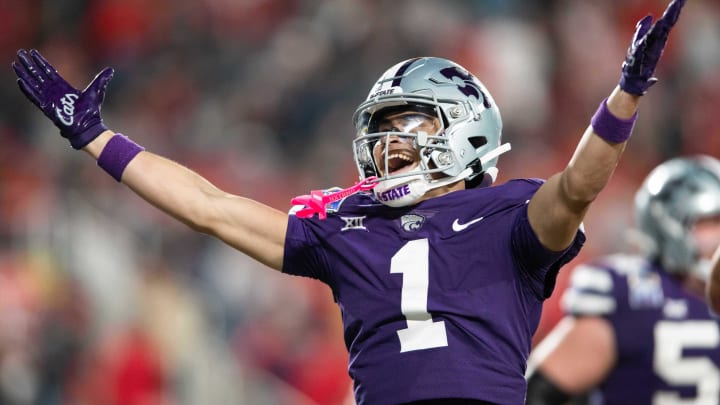 Dec 28, 2023; Orlando, FL, USA; Kansas State wide receiver Jayce Brown (1) celebrates a touchdown against NC State in the fourth quarter at Camping World Stadium. Mandatory Credit: Jeremy Reper-USA TODAY Sports