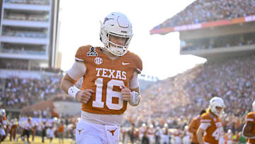 Dec 21, 2024; Austin, Texas, USA; Texas Longhorns quarterback Arch Manning (16) takes the field before the game between the Texas Longhorns and the Clemson Tigers in the CFP National Playoff First Round at Darrell K Royal-Texas Memorial Stadium. Mandatory Credit: Jerome Miron-Imagn Images