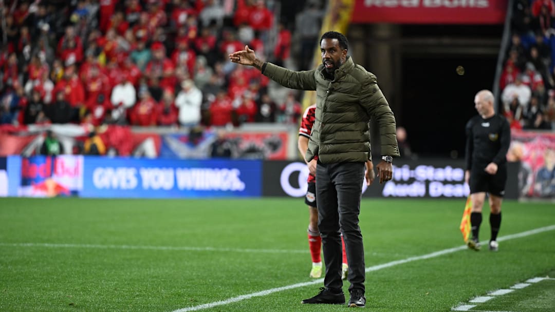 Nov 3, 2024; Harrison, New Jersey, USA; Columbus Crew head coach Wilfried Nancy during the first half against the New York Red Bulls in a 2024 MLS Cup Playoffs Round One matchat Red Bull Arena. Mandatory Credit: Mark Smith-Imagn Images