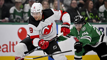 New Jersey Devils defenseman Johnathan Kovacevic (8). Mandatory Credit: Jerome Miron-Imagn Images