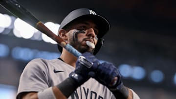 Aug 4, 2025; Arlington, Texas, USA; New York Yankees third baseman Jose Caballero (72) during the game between the Texas Rangers and the New York Yankees at Globe Life Field. Mandatory Credit: Jerome Miron-Imagn Images