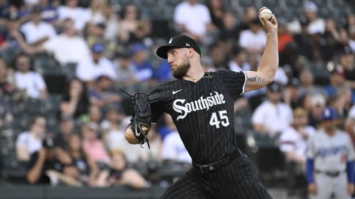 Jun 24, 2024; Chicago, Illinois, USA;  Chicago White Sox pitcher Garrett Crochet (45) delivers against the Los Angeles Dodgers during the first inning at Guaranteed Rate Field. Mandatory Credit: Matt Marton-USA TODAY Sports