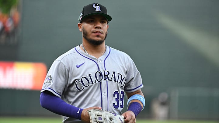 Jul 25, 2025; Baltimore, Maryland, USA; Colorado Rockies second baseman Thairo Estrada (39) looks to the crowd before the game between the Baltimore Orioles and the Colorado Rockies at Oriole Park at Camden Yards. Jul 25, 2025; Baltimore, Maryland, USA; Colorado Rockies second baseman Thairo Estrada (39) looks to the crowd before the game between the Baltimore Orioles and the Colorado Rockies at Oriole Park at Camden Yards.