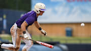 Calvary Day's Brody Dawson (5) runs after bunting during the first game of the Harlem and Calvary Day GHSA 3A state championship baseball game at AdventHealth Stadium in Rome, Ga., on Friday, May 17, 2024. Harlem won the first game 13-5.
