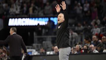Mar 27, 2025; San Francisco, CA, USA; Texas Tech Red Raiders head coach Grant McCasland reacts during overtime against the Arkansas Razorbacks during a West Regional semifinal of the 2025 NCAA tournament at Chase Center. Mandatory Credit: Eakin Howard-Imagn Images