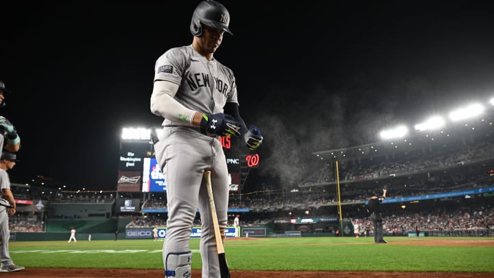 Aug 26, 2024; Washington, District of Columbia, USA; New York Yankees right fielder Juan Soto (22) prepares for an at bat against the Washington Nationals during the ninth inning at Nationals Park. Mandatory Credit: Rafael Suanes-USA TODAY Sports