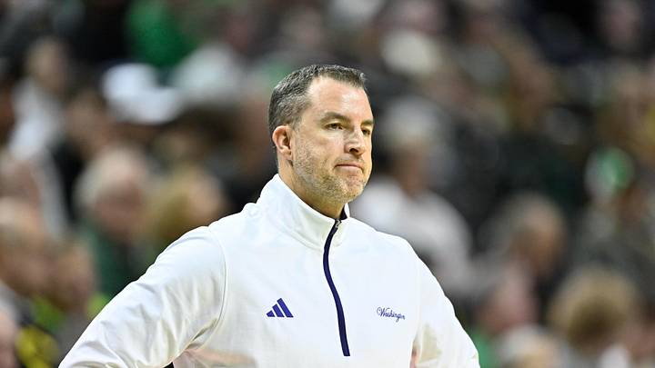 Mar 7, 2026; Eugene, Oregon, USA; Washington Huskies head coach Danny Sprinkle looks on during the first half against the Oregon Ducks at Matthew Knight Arena. Mandatory Credit: Craig Strobeck-Imagn Images