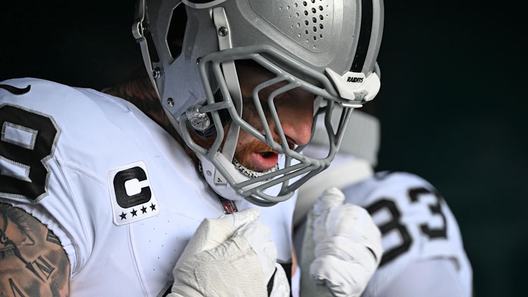 Dec 14, 2025; Philadelphia, Pennsylvania, USA; Las Vegas Raiders defensive end Maxx Crosby (98) in the tunnel against the Philadelphia Eagles at Lincoln Financial Field.