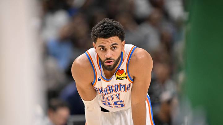 Oct 27, 2025; Dallas, Texas, USA; Oklahoma City Thunder guard Ajay Mitchell (25) looks on during the game between the Mavericks and the Thunder at the American Airlines Center. Mandatory Credit: Jerome Miron-Imagn Images