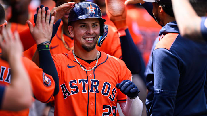 Sep 28, 2025; Anaheim, California, USA; Houston Astros third baseman Ramon Urias (29) is greeted by teammates after hitting a home run during the fifth inning against the Los Angeles Angels at Angel Stadium. Mandatory Credit: William Liang-Imagn Images