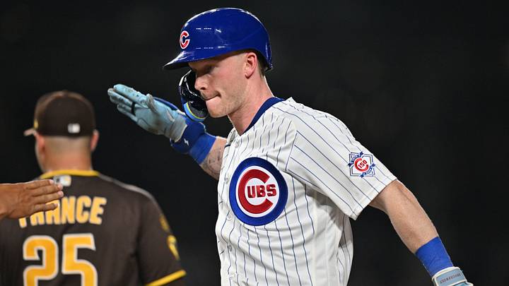 Jun 29, 2026; Chicago, Illinois, USA; Chicago Cubs center fielder Pete Crow-Armstrong (4) reacts after hitting a single against the San Diego Padres during the ninth inning at Wrigley Field. Mandatory Credit: Patrick Gorski-Imagn Images