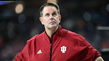 Dec 6, 2025; Indianapolis, IN, USA;  Indiana Hoosiers head coach Curt Cignetti looks on before the 2025 Big Ten championship game against the Ohio State Buckeyes at Lucas Oil Stadium. Mandatory Credit: Robert Goddin-Imagn Images