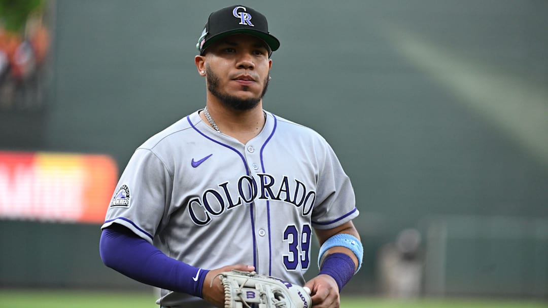 Jul 25, 2025; Baltimore, Maryland, USA;  Colorado Rockies second baseman Thairo Estrada (39) looks to the crowd before the game between the Baltimore Orioles and the Colorado Rockies at Oriole Park at Camden Yards. Mandatory Credit: James A. Pittman-Imagn Images