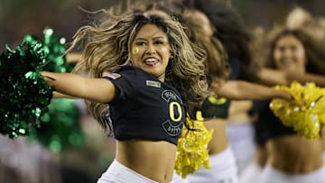 Nov 14, 2025; Eugene, Oregon, USA; The Oregon Ducks cheerleaders perform during the second half in a game between the Oregon Ducks and the Minnesota Golden Gophers at Autzen Stadium. Mandatory Credit: Troy Wayrynen-Imagn Images
