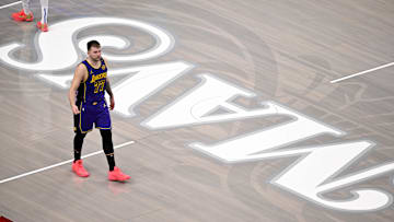 Apr 9, 2025; Dallas, Texas, USA; Los Angeles Lakers guard Luka Doncic (77) during the game between the Dallas Mavericks and the Los Angeles Lakers at American Airlines Center. Mandatory Credit: Jerome Miron-Imagn Images
