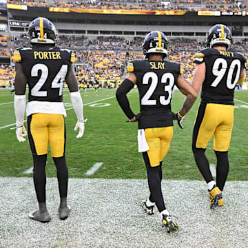 Nov 2, 2025; Pittsburgh, Pennsylvania, USA;  Pittsburgh Steelers defenders Joey Porter Jr. (24),Darius Slay (23), T.J. Watt (90) and Cameron Heyward (97) take the field against the Indianapolis Colts during the second half at Acrisure Stadium. Mandatory Credit: Barry Reeger-Imagn Images
