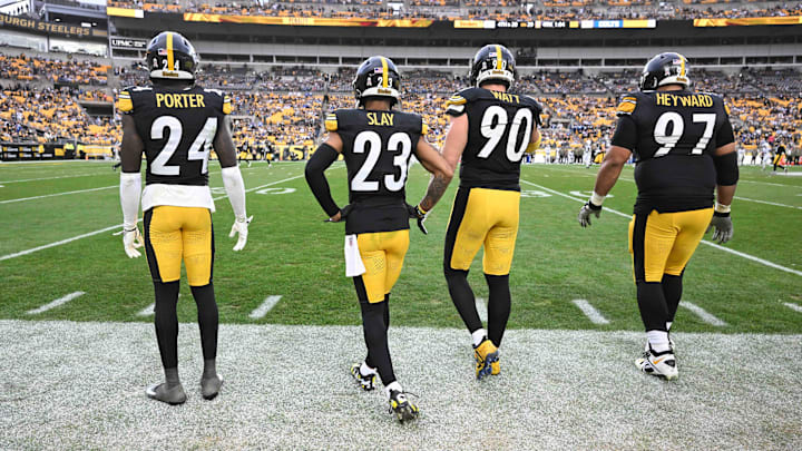 Nov 2, 2025; Pittsburgh, Pennsylvania, USA; Pittsburgh Steelers defenders Joey Porter Jr. (24),Darius Slay (23), T.J. Watt (90) and Cameron Heyward (97) take the field against the Indianapolis Colts during the second half at Acrisure Stadium. Mandatory Credit: Barry Reeger-Imagn Images