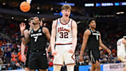 Mar 21, 2025; Milwaukee, WI, USA: Illinois Fighting Illini guard Kasparas Jakucionis (32) reacts during the second half against the Xavier Musketeers at Fiserv Forum. Mandatory Credit: Benny Sieu-Imagn Images