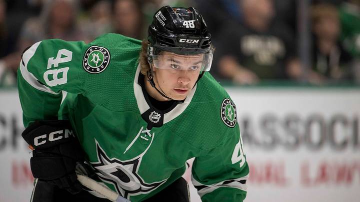 Sep 26, 2023; Dallas, Texas, USA; Dallas Stars center Chase Wheatcroft (48) in action during the game between the Dallas Stars and the Minnesota Wild at American Airlines Center. Mandatory Credit: Jerome Miron-USA TODAY Sports