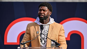 Nov 17, 2024; Chicago, Illinois, USA; Hall of Fame former player Devin Hester receives a Ring of Excellence at half time of the game between the Chicago Bears and the Green Bay Packers at Soldier Field. Mandatory Credit: Daniel Bartel-Imagn Images