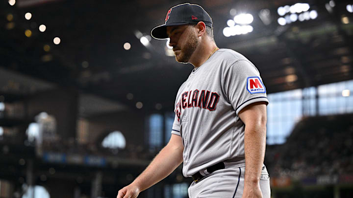 Jul 14, 2023: Cleveland Guardians starting pitcher Aaron Civale (43) walks off the field after pitching against the Texas Rangers during the fourth inning at Globe Life Field. 