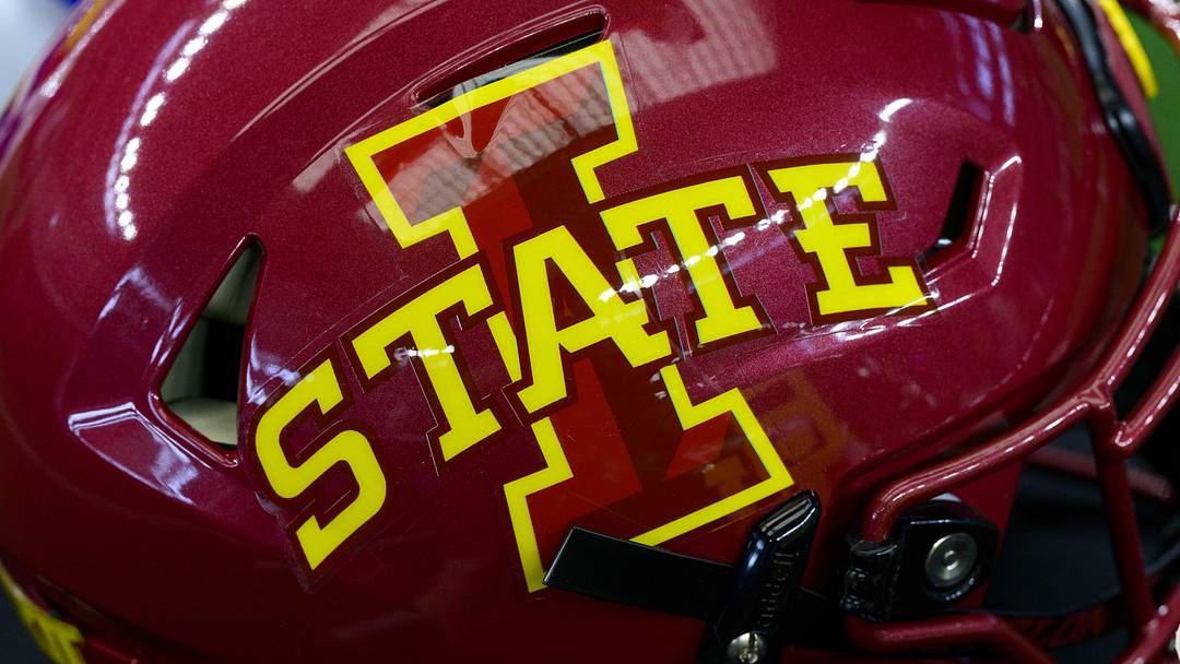 Jul 14, 2022; Arlington, TX, USA; A view of the Iowa State Cyclones helmet logo during the Big 12 Media Day at AT&T Stadium. 
