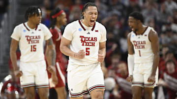 Mar 27, 2025; San Francisco, CA, USA; Texas Tech Red Raiders forward Darrion Williams (5) reacts during overtime against the Arkansas Razorbacks during a West Regional semifinal of the 2025 NCAA tournament at Chase Center. Mandatory Credit: Eakin Howard-Imagn Images